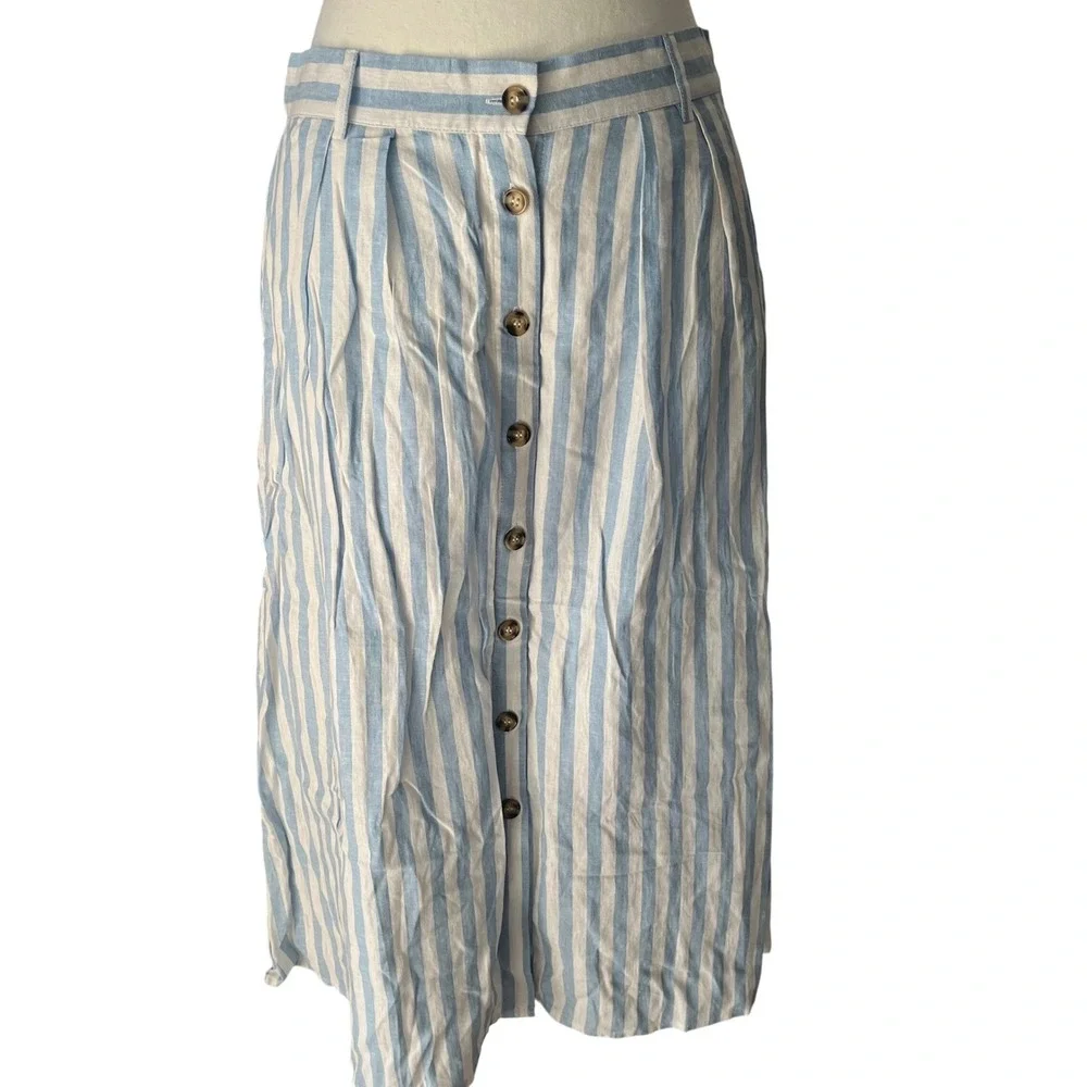 Everly Blue White Striped Linen Blend Button Front Midi Skirt Womens Large‎